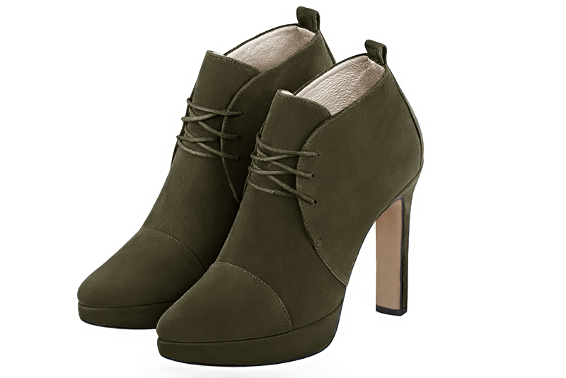 Khaki green women's ankle boots with laces at the front. Tapered toe. Very high slim heel with a platform at the front. Front view - Florence KOOIJMAN